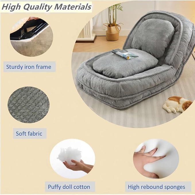 Foldable Lazy Sofa Bed with 5 Levels Adjustable Backrest, Gray | Comfy Upholstered Human Dog Bed for Adults and Pets, Lazy Floor Lounger with 2 Soft Cushions for Living Room Bedroom