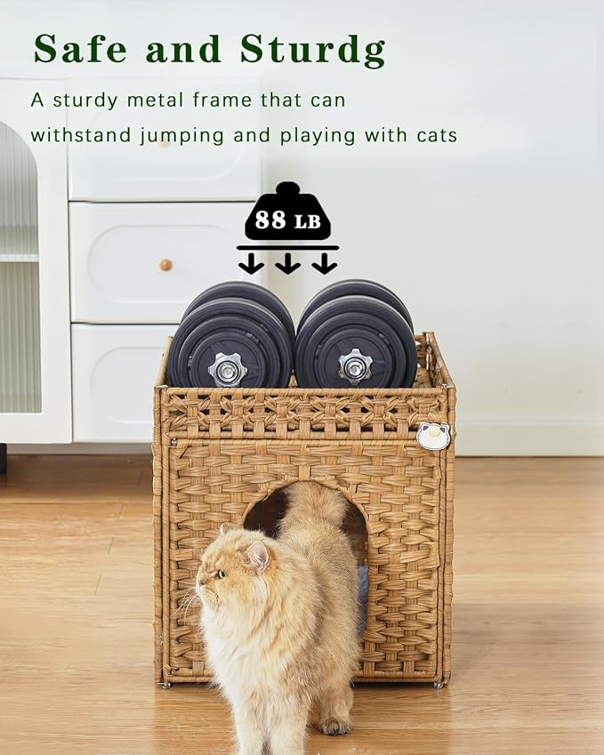 SETVSON Cat Beds for Indoor Cats Extra Large Double Cat Cave, Natural | Spacious Multi-Cat House, Furniture End Table Look, Soft Washable Cushion, Sturdy Metal Frame, 18.5x20.5x19.1 In Woven Cube