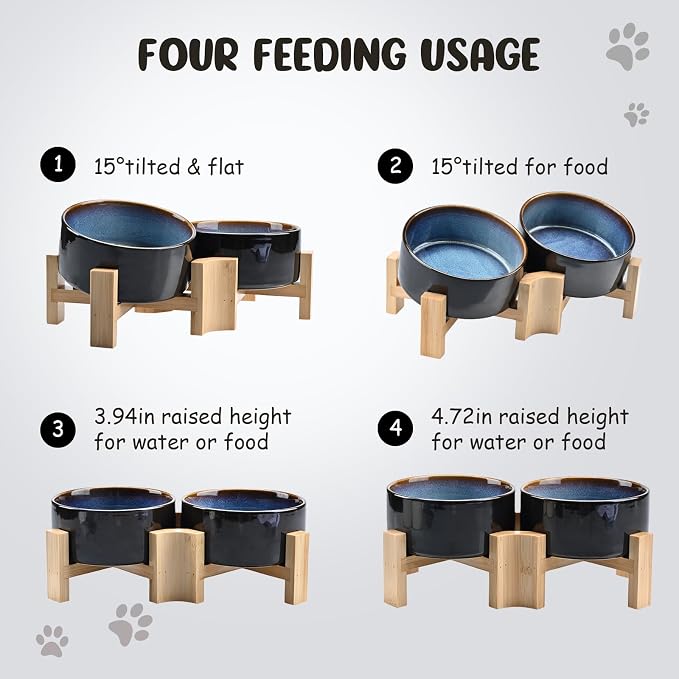 SPUNKYJUNKY 15° Slanted Ceramic Dog and Cat Bowl with Wooden Stand, Tilted Bulldog Food and Water Bowl No Slip Non-Spill for Cats Medium Dogs Big Face Pets 28.7 OZ (3.6 Cups, Starry Blue × 2)