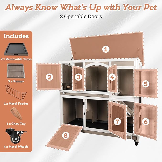 2 Story Large Rabbit Hutch Indoor with 2 Deeper Pull-Out Trays, Wooden Rabbit Cage with 4 Lockable Wheels, Ramp, Chew-Anti Metal Strip for Rabbit, (47" L x 18" W x 42" H)
