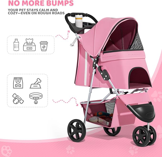 Magshion 3-Wheel Pet Stroller for Small/Medium Dog Cat, Up to 33lbs, Pink | Foldable Travel Jogger w/ Breathable Mesh Cover, Lightweight Design, Safety Tethers, Cup Holder & Storage Basket