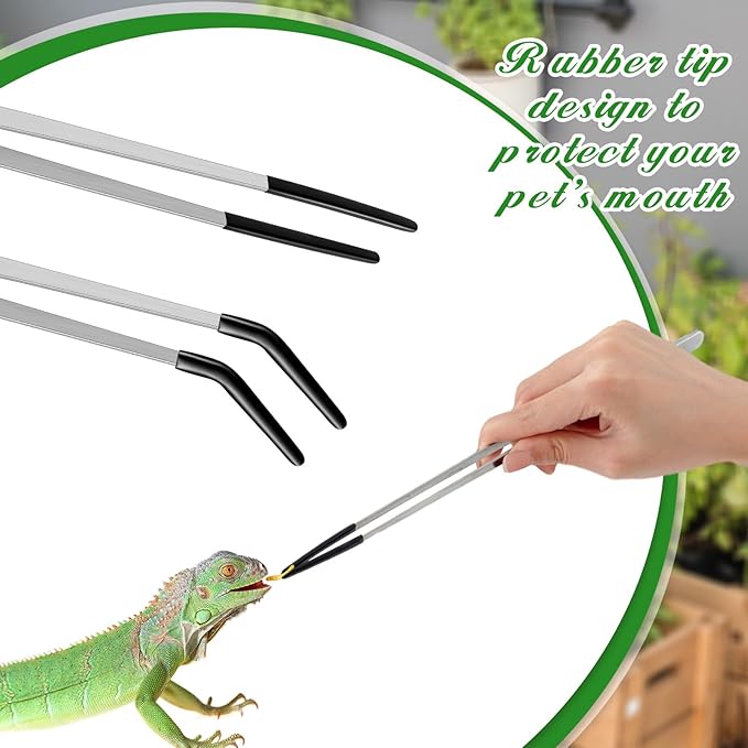 Lasnten 2 Pcs Extra Long Stainless Steel Reptile Feeding Tongs with Rubber Tip 10 Inch, 10.5 Inch Bearded Dragon Aquarium Straight and Curved Long Tweezer Terrarium Feeder Tool for Tank(Silver)