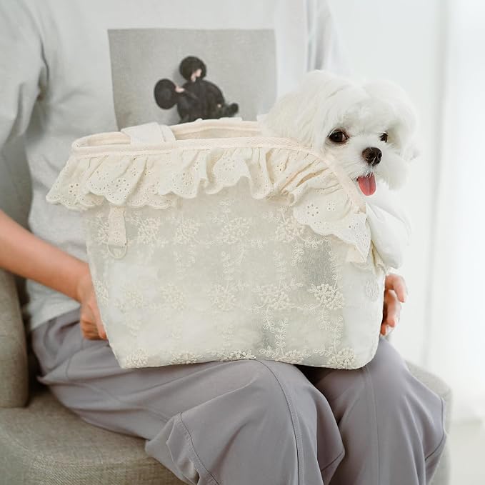 ONECUTE Dog Carrier for Small Dogs Rabbit cat with Lace Design, Cotton Bag, Dog Carrier Soft Sided, Collapsible Travel Puppy Carrier (Beige, 13" L x 6.7" W x 10.6" H)