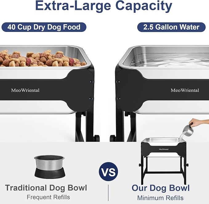2.5 Gallon Adjustable Elevated Dog Water Bowl, Raised Stainless Steel Large Dog Bowl with 4 Height(11-17")， Full Metal Feeding Station for Relief Joint Pressure, Easy to Clean, Indoor & Outdoor