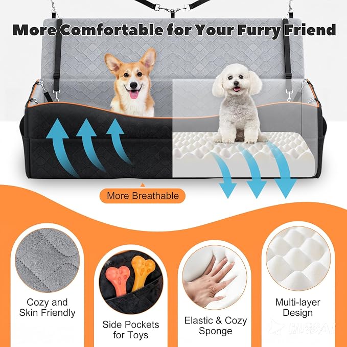 Car Seat for Large Dog for 2 Medium or 3 Small Dogs Under 100Lbs | Dog Booster Seats ,Pet Car Seats with 2 Safety Leashes, Dogs Sofa Bed Cushion Add Thick Sponge, Pet Cars Carrier for Travel