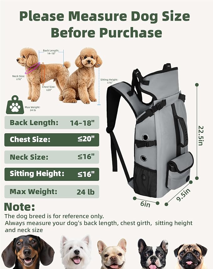 Breathable Dog Hiking Backpack Carrier for Small Dogs, Grey | 4-Layer Protection, Adjustable Dog Backpack with Storage Pockets, Reflective Strips, 3D Ergonomic Support, Under 24 lb