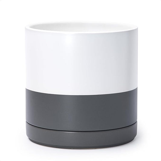 D'vine Dev 10 Inch Ceramic Planter Pot, White/Grey, 94-O-E-6 | Modern Cylinder Design, Drainage Hole & Saucer Included, Stable Structure, Elegant Home Accent