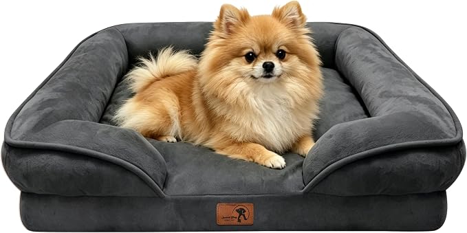 Spotted Play Orthopedic Dog Bed with Sides - Sofa Beds for Small Dogs, Supportive Foam Pet Couch Bed with Washable Removable Cover, Waterproof Lining and Non-Slip Bottom, Dark Grey - S