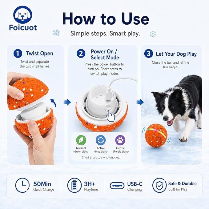 Interactive Dog Ball Toy[Newly Upgraded], Durable E-TPU Material, 3 Play Modes with Colorful Lights, E-TPU USB-C Rechargeable, IPX7 Waterproof Rating for Puppy, Medium and Large Dogs