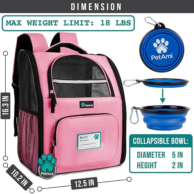 PetAmi Dog Backpack Carrier for Small Medium Dogs Large Cats up to 18 lbs, 2 Side Entry, Structured No-Collapse Frame, Airline Approved Ventilated Pet Backpack for Hiking Camping Travel Vet, Pink