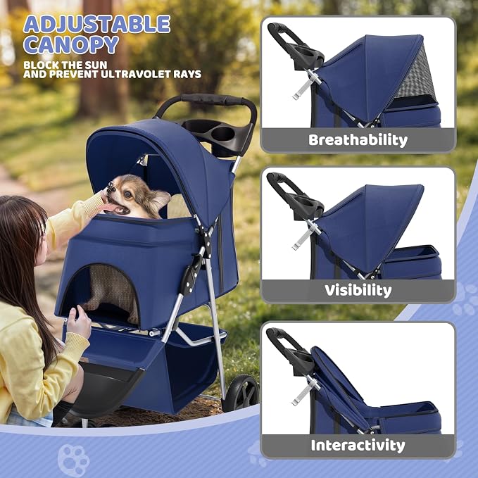 Magshion 3-Wheel Pet Stroller for Small/Medium Dogs Cats, Up to 33lbs, Navy | Foldable Travel Jogger w/ Breathable Mesh Cover, Lightweight Design, Safety Tethers, Cup Holder & Storage Basket