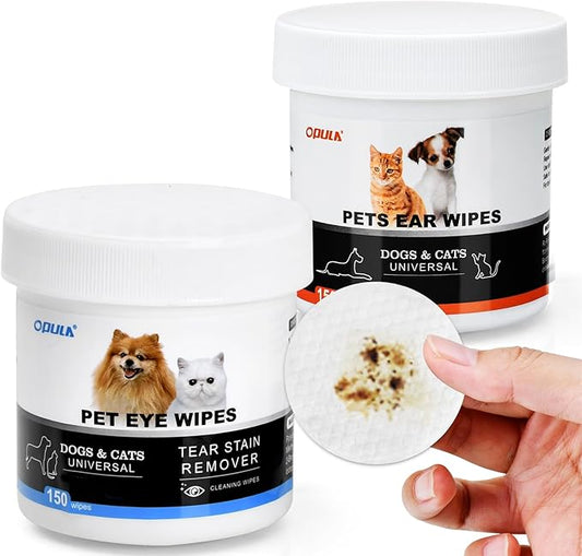 OPULA Pet Eye and Ear Wipes, 150 Count Pet Eye Wpes + 150 Count Pet Ear Wipes .Pet Tear Stain Remover Wipes | Wrinkle, Face, Eye Cleaner Pads to Gently Remove Discharge, Crust