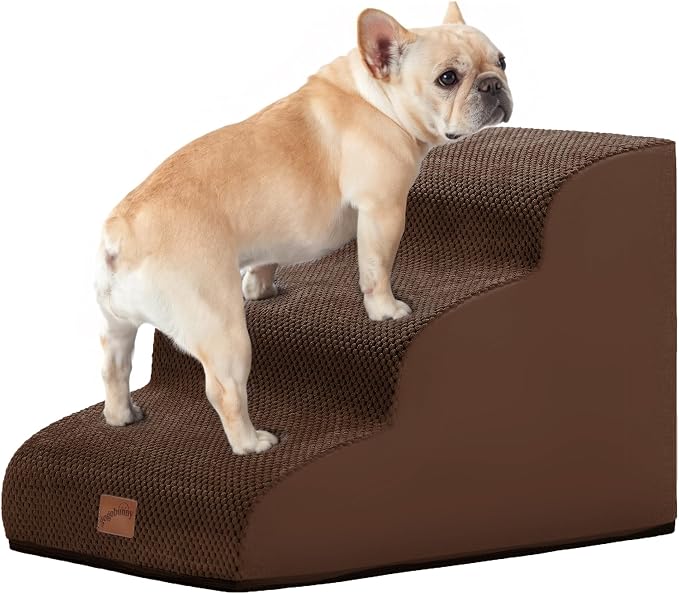 GoGoBunny Ramp Dog Stairs for Couch Sofa and Chair 15.7" H, 3-Step Pet Steps for Small Dogs and Cats, Non-Slip Waterproof Fabric Cover, Stable and Balanced Indoor Step, Pets Friendly, Brown