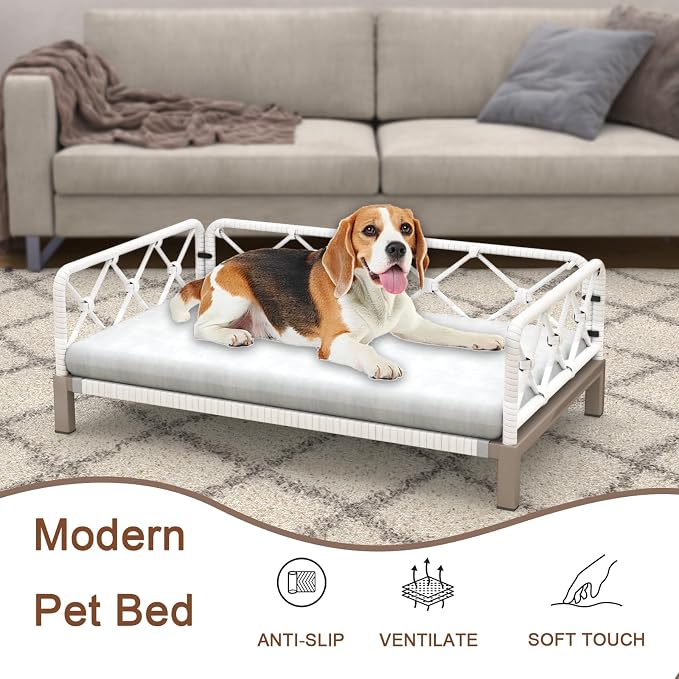 Dog Sofa Bed, Elevated Dog Couch with Washable Removable Gray Cushion, Rattan White Wicker Orthopedic Raised Pet Sofa for Outdoor, Indoor