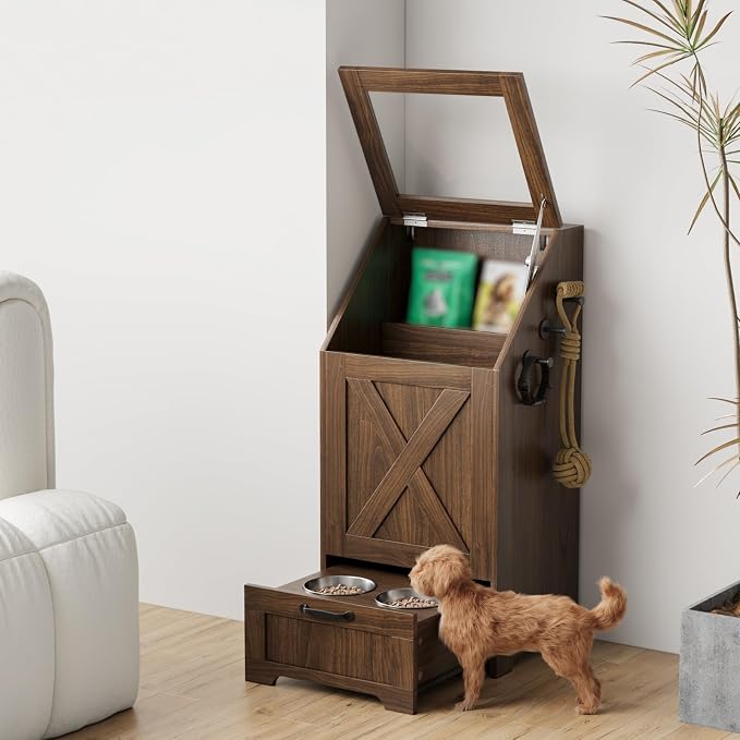 Dog Feeding Station with Storage Cabinet and 2 Elevated Dog Bowls, Hidden Pet Food Storage Organizer for Dog &Cat, Modern Dogs Furniture, Walnut