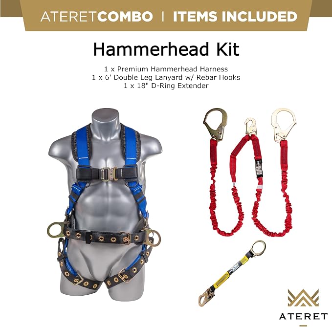 Fall Protection Hammerhead Kit I 5pt Safety Harness, 6' Double Leg Lanyard, 18" D-Ring Extender (Blue - 2XLG)
