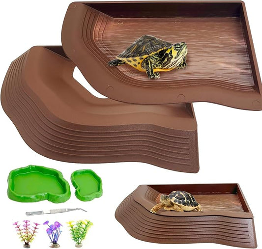 Reptile Bathing Pool 2-in-1 Tortoise Water Dish with Ramp Large Turtle Feeding Bowl with Steps Plastic Reptile Food & Water Dishes 7 Pcs Gecko Habitat Decoration Accessories Lizard Bath Tub