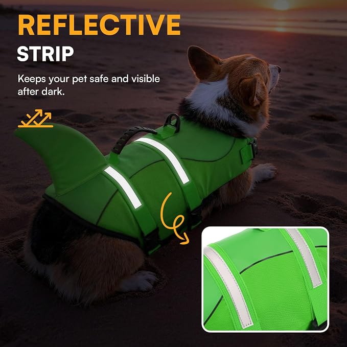 Dog Life Jacket High Flotation, Reflective Dog Life Vest for Swimming, Adjustable Dogs Life Preserver Rescue Handle Spring Summer Pool for Small, Medium, Large Dogs (BrightGreen,L)
