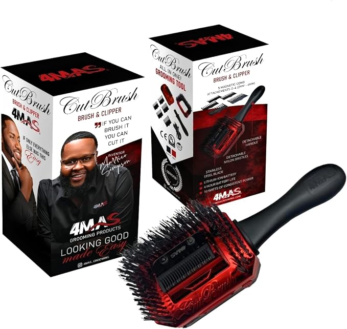 4MAS Self-Grooming CutBrush (Black and Red) Mod 3 with 5 Comb Attachments and Charging Cable