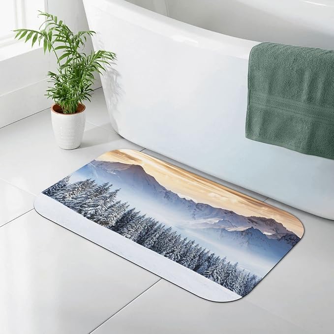 Door Mat, Winter Quick Dry Bath Mat, Fantastic Landscape with Snowy Mountains Pine Trees, 31.4" W x 19.6" L, Multi-Purpose Rubber Floor Mat,Multicolor