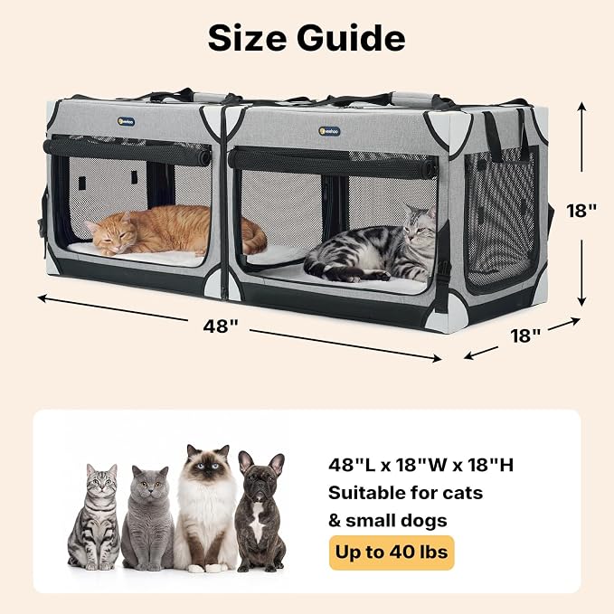 Veehoo Extra Large Cat Travel Carrier with Litter Box for 2 Cats, 48 inch Collapsible Dog Crate for Small Medium Dogs, 2 in 1 Cat Pet Puppy Kitten Foldable Car Carrier Soft Sided for Road Trip, Gray