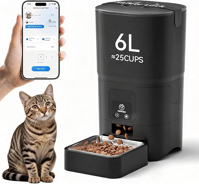 PAPIFEED Automatic Cat Feeder, 6L Smart WiFi Cat Food Dispenser with App Control, Bluetooth-Assisted Setup, Stainless Steel Bowl, Anti-Clog Design Timed Feeder with Dry Food, Pet Feeder for Cat/Dog