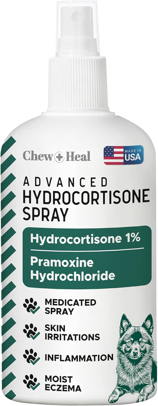 Chew + Heal Labs Hydrocortisone Spray for Dogs & Cats, 8oz - Hot Spot & Itch Relief, Irritated Dry Skin, Flea Bites, Allergies, Dermatitis - with Pramoxine, Made in USA