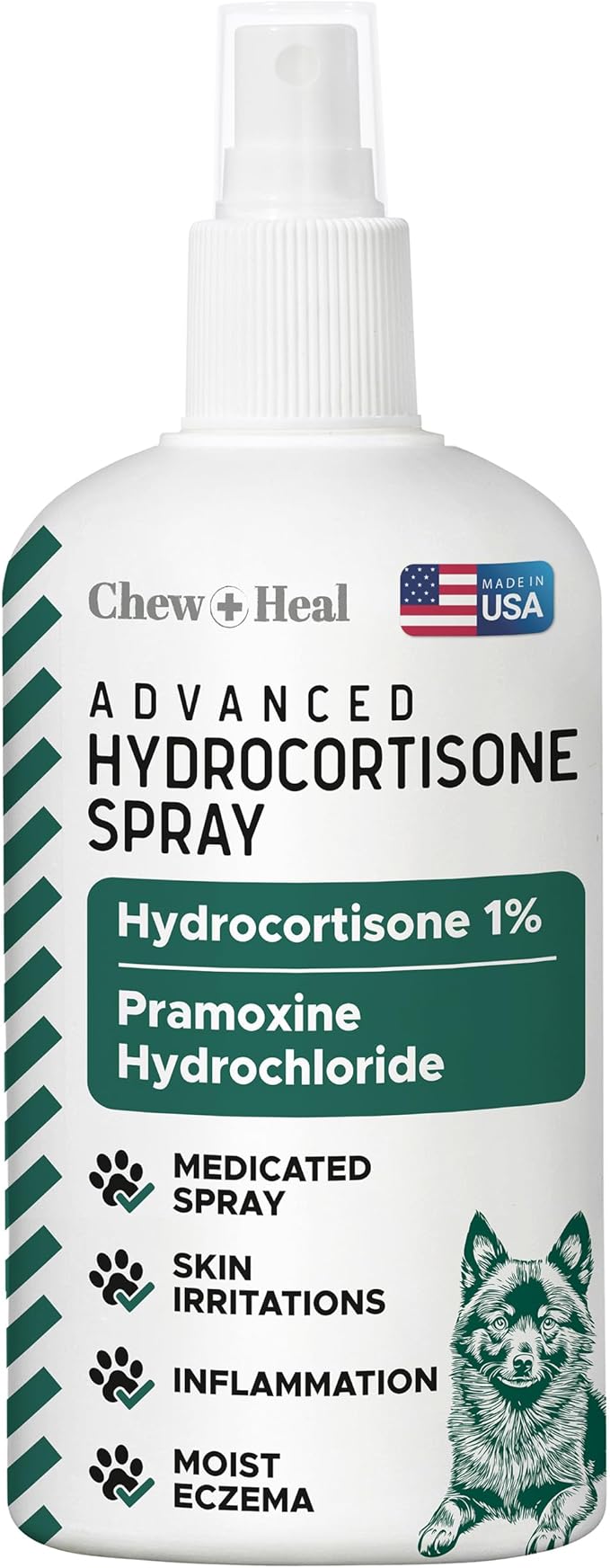 Chew + Heal Labs Hydrocortisone Hot Spot Spray for Dogs - Itch Relief, 4 oz with Pramoxine - Soothes Irritated Skin, Allergies, Dermatitis, Flea Bites, Made in USA