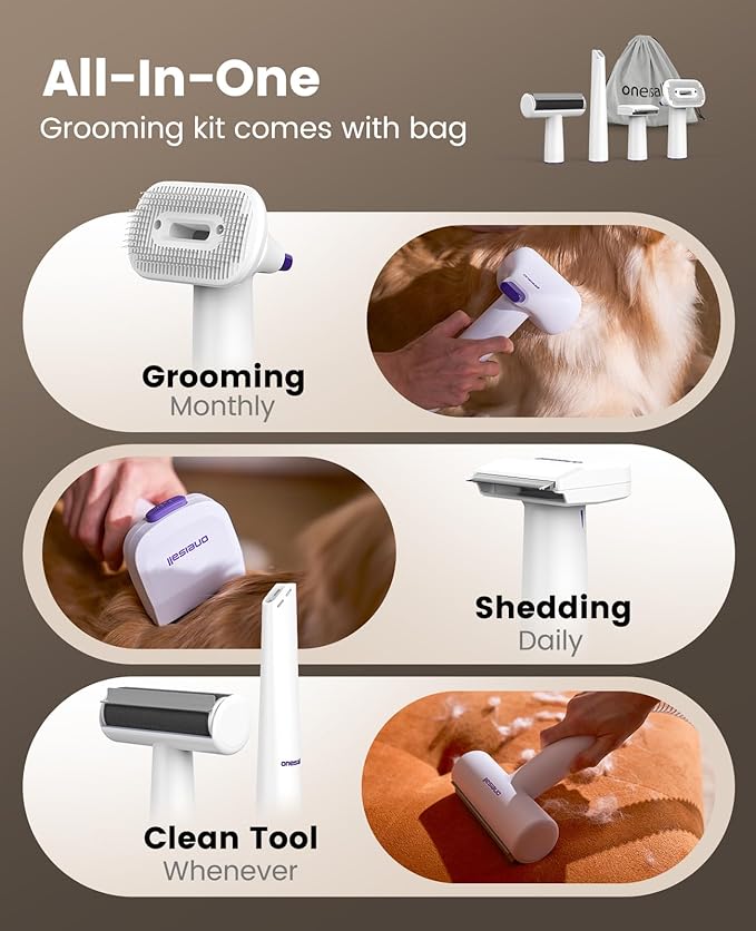 oneisall Dog Hair Vacuum Shedding Grooming Brush Kits for Pet Thick Coats | 15000Pa,3 Suction Low Noise,1.5L Dust Cup,5 in 1 Kits(Grooming/Deshedding/Cleaning Brush,Remover Roller,Crevice Tool), LM5