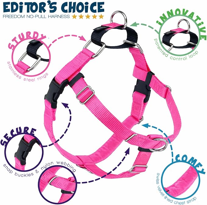 2 Hounds Design Freedom No Pull Dog Harness, Adjustable Harness and Leash Set, Easy Walking & Comfortable Control, Fits Small, Medium & Large Dogs, Solid Colors, Made in USA, 1" LG, Hot Pink