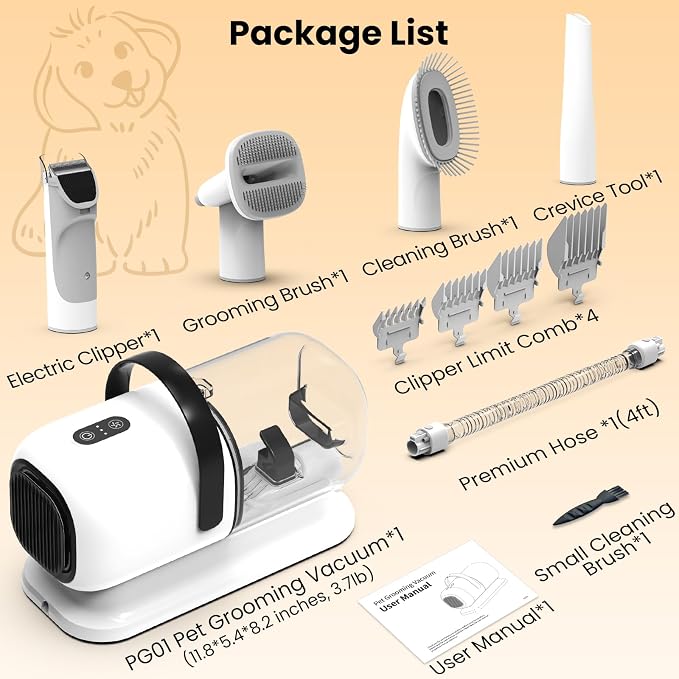 Dog Grooming Kit with Vacuum, 12000Pa Pet Electric Clipper & Cleaning Brush | PG01 All-in-One Pet Grooming Kit, Low-Noise Dog Vacuum for Shedding Grooming, Pet Hair Remover Vacuum