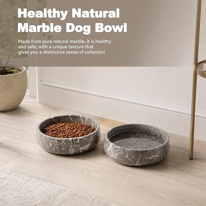 Karibiber Marble Dog Bowl, 6lbs Weighted Dog Food Bowl, Non-Slip Large Heavy Water Bowls, Grey Stone Food and Water Dish for Medium Dogs, Natural Marble, Easy to Clean, Holds 6 Cups