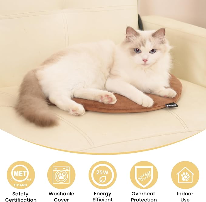Pet Heating Pad for Cats Dogs Indoor & Sheltered Outdoor Waterproof Heated Cat Bed Heated Dog Bed Chew Resistant Cord Constant Temperature Brown Round 16 Inch