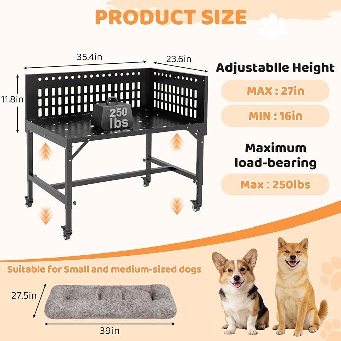 Beside Dog Bed,2 Panels Adjustable Height Dog Bunk Beds,35.4”x23.6” Metal Frame & Cushion, Converts to Bunk Bed or Bed Extension Attachment for Human Bed, for Medium Dogs