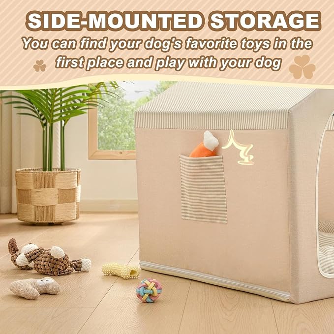 ndoor Dog House with Frame, Cute Dog Tent Bed with Cover Cave | Breathable, Washable, and Foldable House, Suitable for 36-66 Lb, Large (29"×29"×29"), Beige