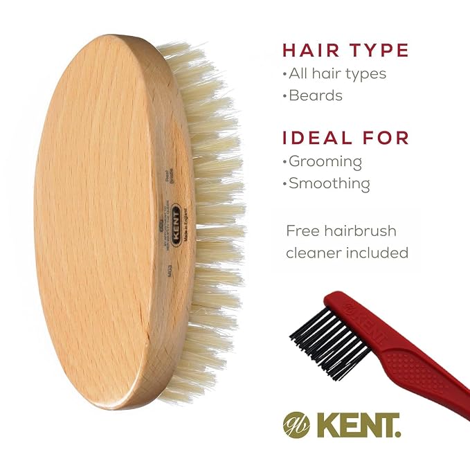 Kent MG3 Finest Men's Hair & Beard Brush for Skin Care - 100% Natural White Boar Bristle for Mens Grooming, Scalp Brush, 360 Wave, Beard and Mustache Straightener For Men's Hair Care