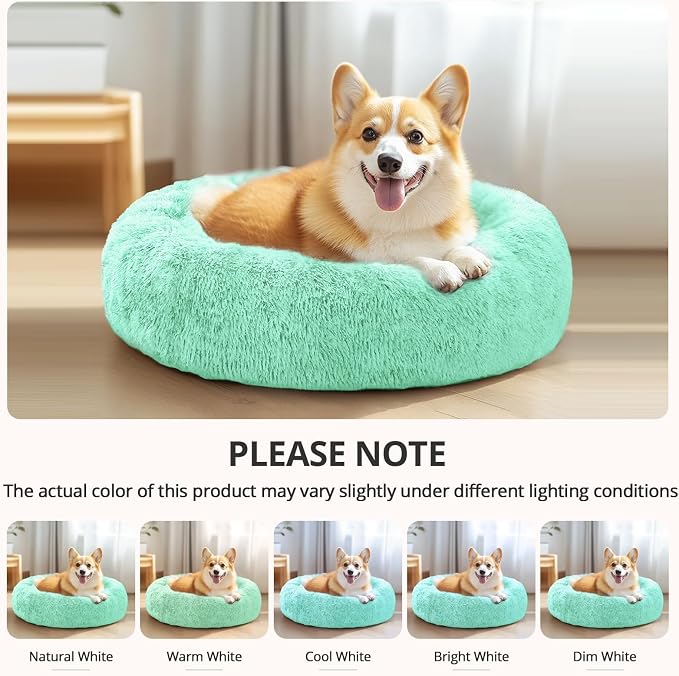 JOLLYVOGUE Calming Dog Beds Large Sized Dog, 36in Donut Washable Large Pet Bed, Anti-Slip & Anti-Anxiety Fluffy Faux Fur Round Dogs Bed, Fits up to 80 lbs Pets (Mint Green)