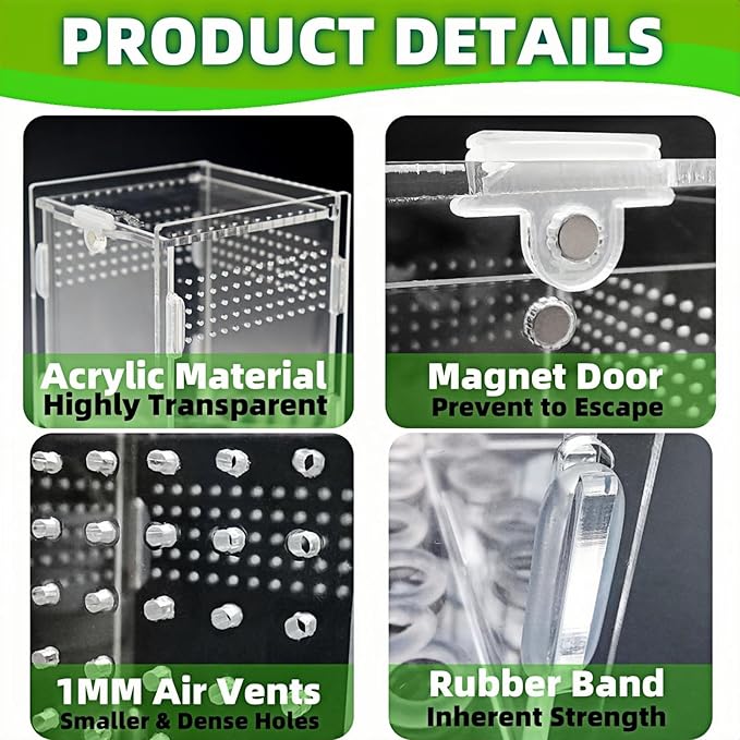 Acrylic Jumping Spider Enclosure with Magnetic Top & Escape-Proof Vents - Small Critter Keeper 4.5x3.3x3.3 Inch for Hermit Crab Frog Tarantula Mantis - Reptile Tank Habitat High Clarity Terrarium