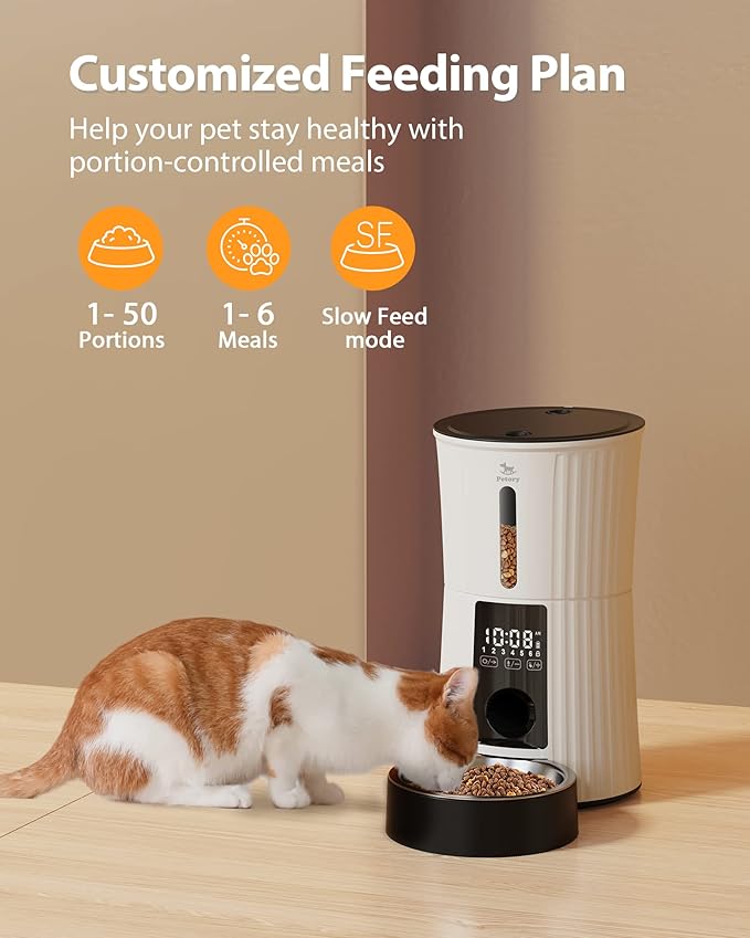 Automatic Cat Feeder - Rechargeable Food Dispenser for Cats and Dogs | Battery Powered, 4L, Programmable Portion Control, Up to 6 Meals Daily, 10-Second Voice Recorder, Timed Cat Feeder