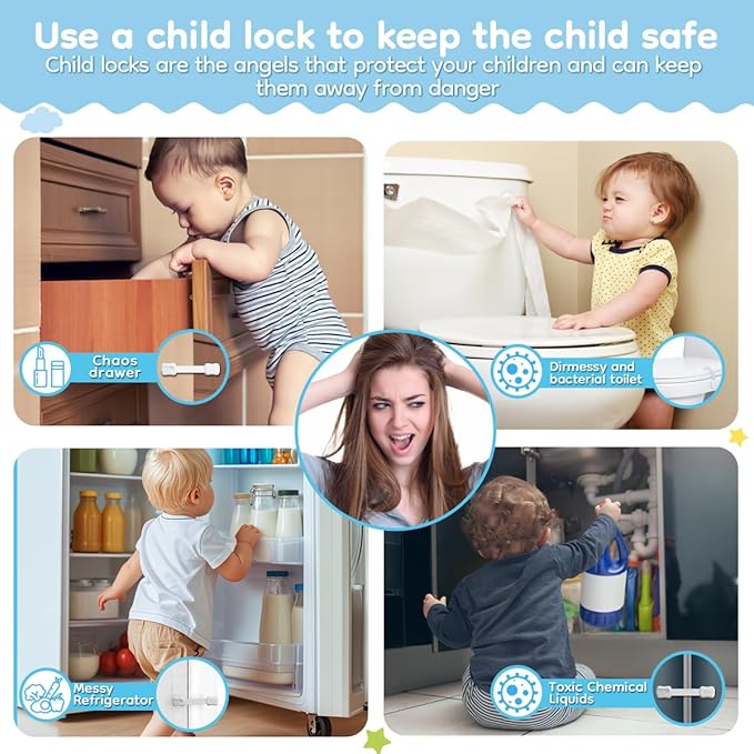 16-Pack Cabinet Locks Baby Proofing - Syican Child Proof Drawer Locks, Multi-Purpose for Drawers, Fridge, Toilet Seat, Trash Can, Ideal Stocking Stuffers, White