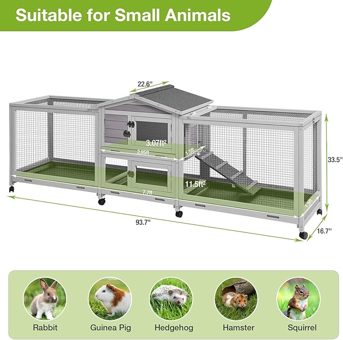 Rabbit Hutch Indoor Outdoor, 93.7" Large Rabbit Cage with 4 Pull Out Trays & Wheels, Wooden Bunny Cage with Weatherproof Asphalt Roof, Pet House for Rabbits, Guinea Pigs and Small Animals