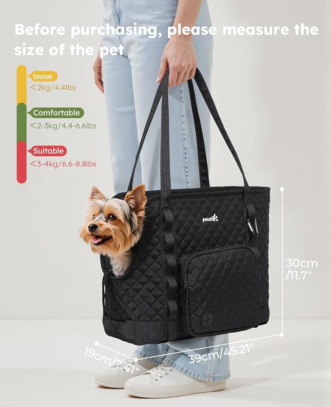 Pecute Dog Purse Carrier, Dog Carrier with Pockets for Small Dogs, Fits Dogs 5 lbs to 9 lbs, Cat and Puppies Tote Bag, Outing, Travel, Vet, Black | Breathable,Foldable,Large Pocket,Built-in safety Rope,Machine washable,Under 9 Lbs