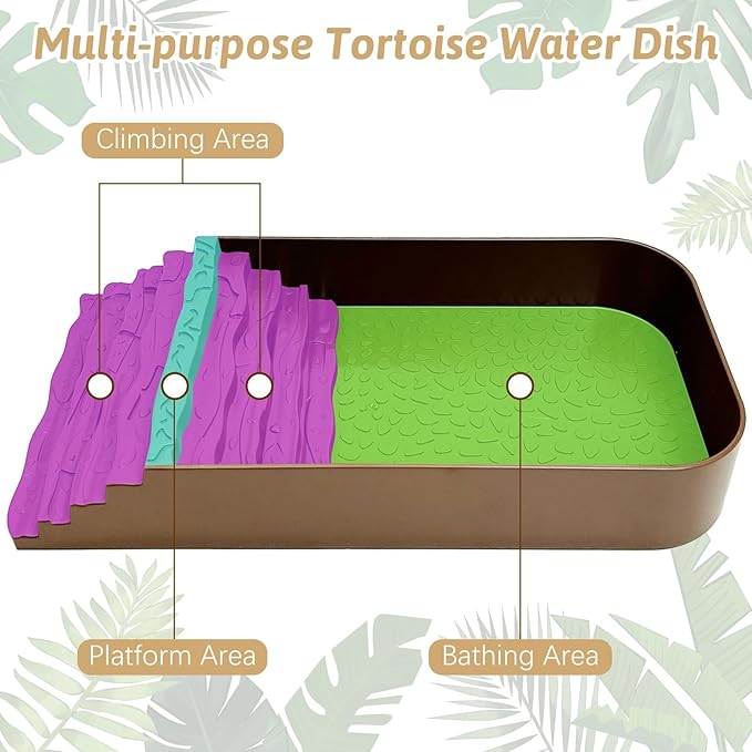 PINVNBY Reptile Bathing Pool Plastic Tortoise Food Dish with Ramp Leaf Reptile Food Dish & Water Bowl Tortoise Habitat Accessories for Frog Lizard Box Turtle (Brown)