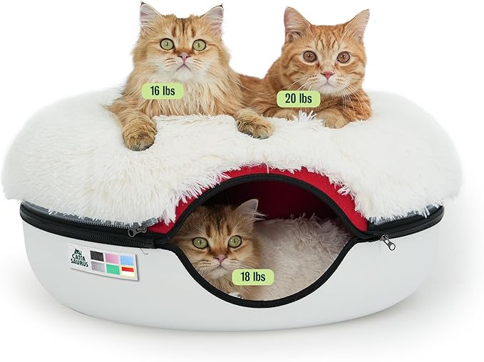 Peekaboo Cat Cave for Multiple & Large Cats Up to 30-45 Lbs, Fluffy Cat Beds & Furniture, Scratch Detachable & Washable Tunnel Bed, Comfy Donut Bed (Ruby Snowball, Large (Calming))
