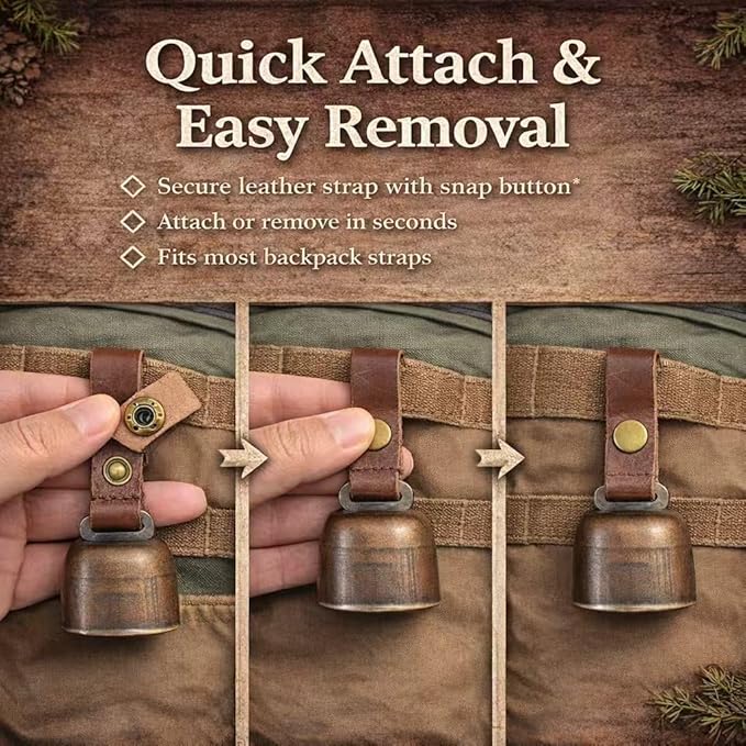 kcrygogo Loud Bear Bells with Leather Button Strap and Emergency Whistle for Survival, Hiking, Biking, Fishing, Climbing（2sets