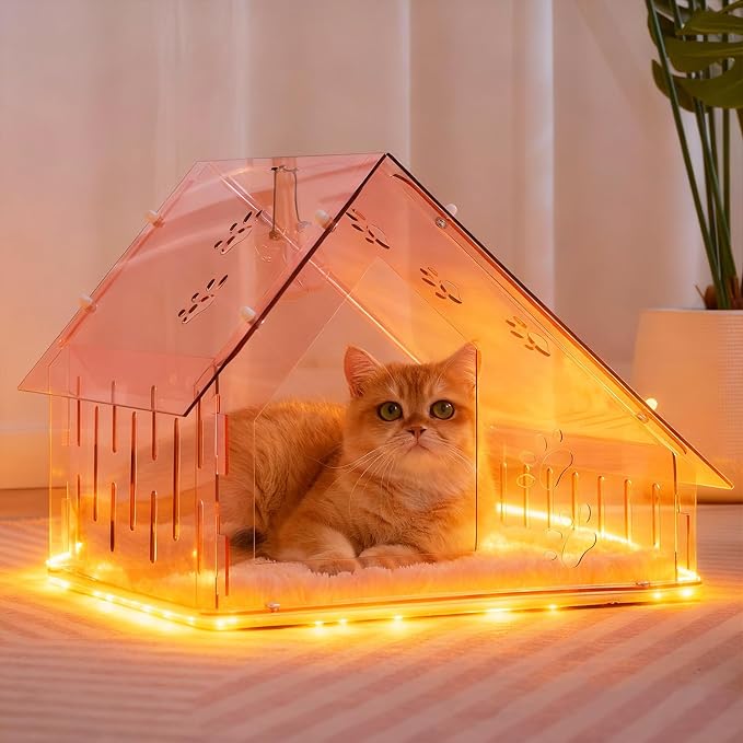 Acrylic Cat House for Indoor Cats, Transparent Cat Bed Cave with Plush Cushion & Hanging Toys, Modern Ventilated Cat Condo with Sturdy Wooden Base for Adult Cats & Kittens up to 12 lbs, Pink