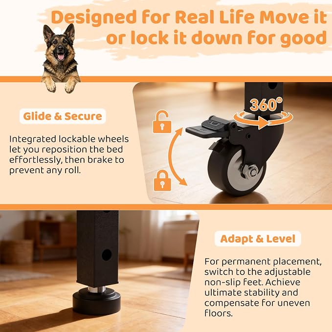 Beside Dog Bed,2 Panels Adjustable Height Dog Bunk Beds,41.3”x27.5” Metal Frame & Cushion, Converts to Bunk Bed or Bed Extension Attachment for Human Bed, for Large Dogs