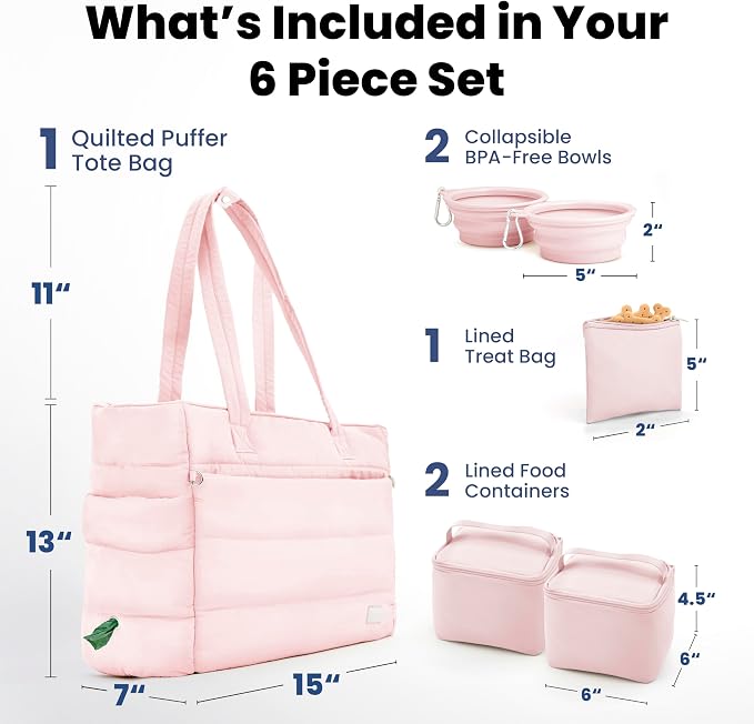 Puffer Dog Travel Bag for Dog Moms, Diaper Bag with Travel Bowls | 2 BPA-Free Collapsible Bowls, 2 Pet Food Containers, 9 Pockets, Everyday Puffer Bag Works With or Without Your Dog, Soft Pink