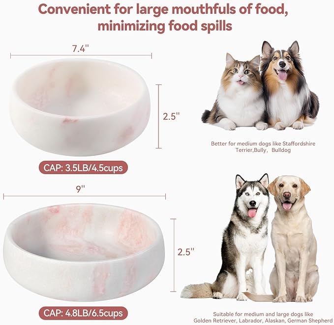 Karibiber Marble Dog Bowl, 6lbs Weighted Dog Food Bowl, Non-Slip Large Heavy Water Bowls, Cute Pink Stone Food and Water Dish for Large Dogs, Natural Marble, Easy to Clean, Holds 6 Cups