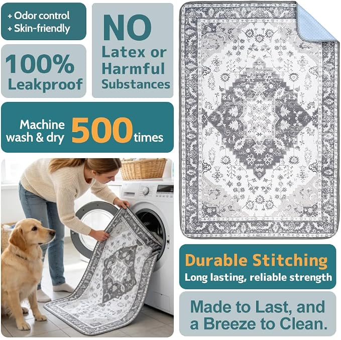Washable Pee Pads for Dogs, 2 Pack Reusable Puppy Training Pads 60"x48" Super Absorbent Waterproof Dog Training Pads, Non-Slip Potty Pads, Whelping Pads Litter Mat Light Grey Medallion